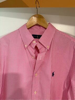 Ralph Lauren Pink Gingham Button-Down Shirt with Navy Pony